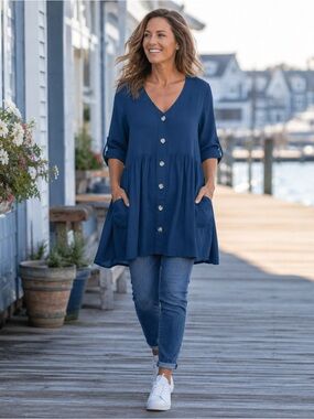Agnes & Dora Deep Sea Blue Smock Tunic XXL NWT Button Front Pockets